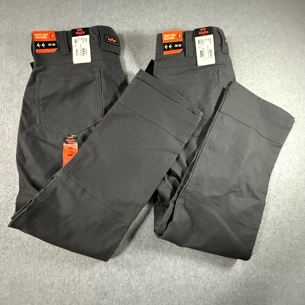 Walls Men Ditch Digger Pro Duck Double Knee Work Pants 34x32 Gray 2 Pair NWT